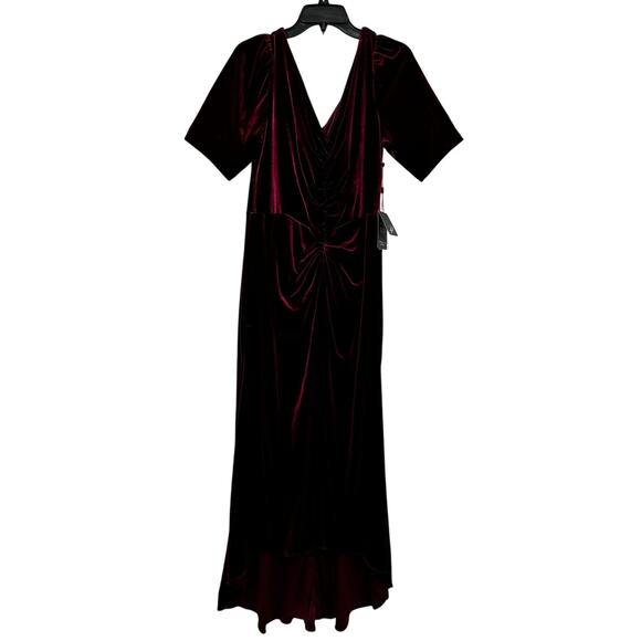 Adrianna Papell Plus Size Velvet V Neck Draped High Low Gown Burgundy NWT 14W - Picture 3 of 10